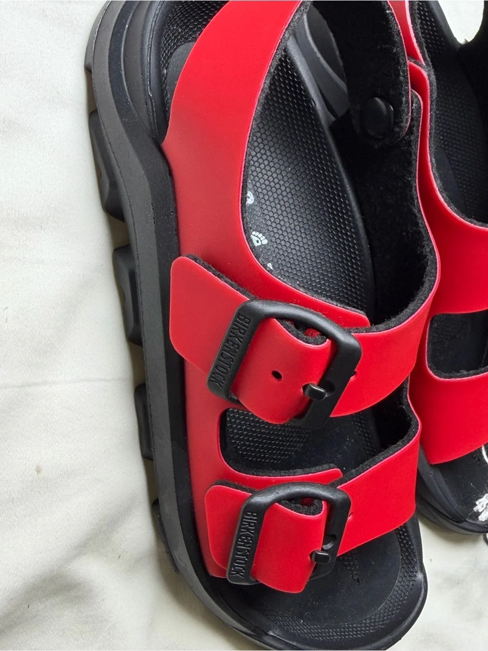 Birkenstock Kids Red Dual-Strap Sandals with Black Footbed